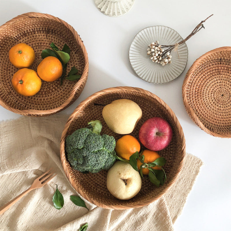 Handmade Rattan Bread Baskets Round Wicker Fruit Serving Storage Bowls, Natural Woven Decorative Kitchen Counter Organizing